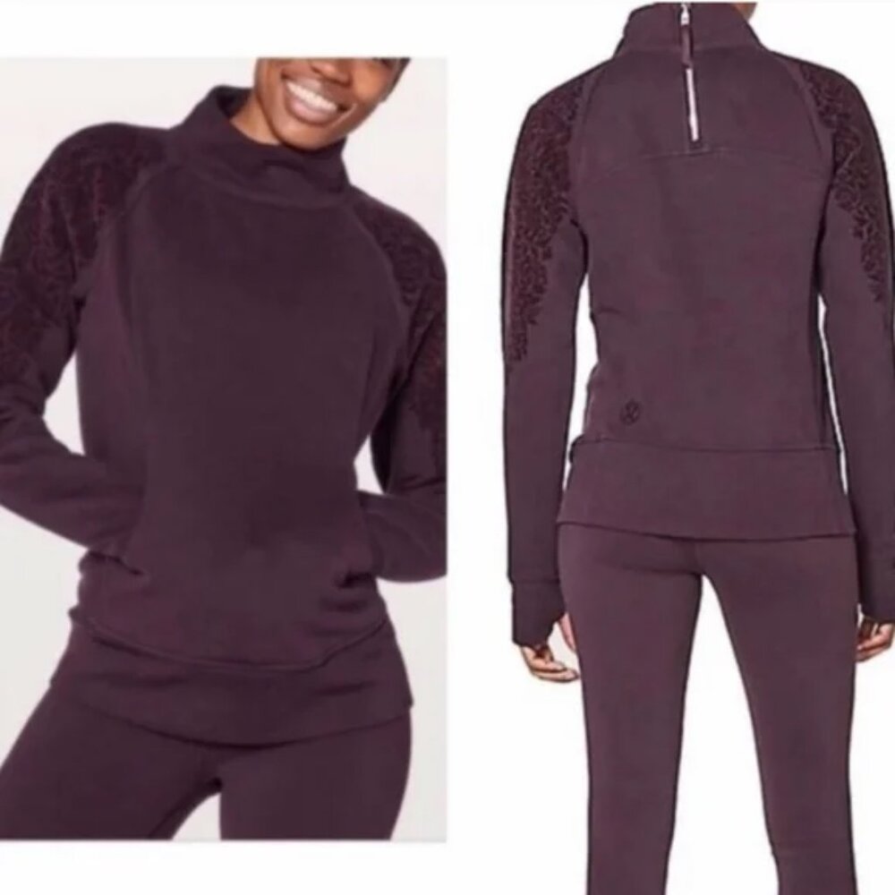LULULEMON Sweatshirt Womens 6 Purple Funnel Neck Back Zip Floral Flock Thumbhole